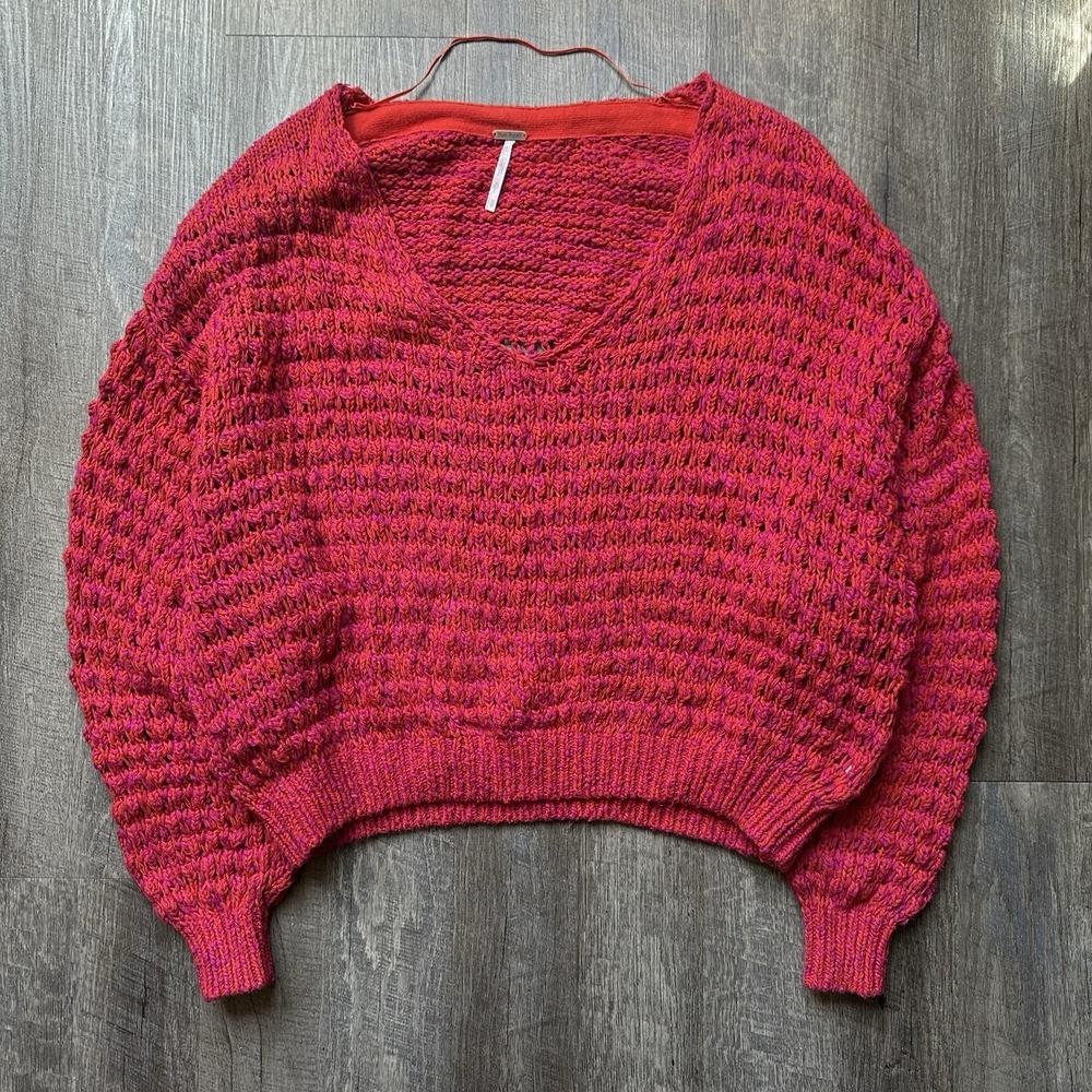 Free People Coconut V-Neck Sweater Slouchy Fuchsia Pink Size XS Cottagecore Boho
